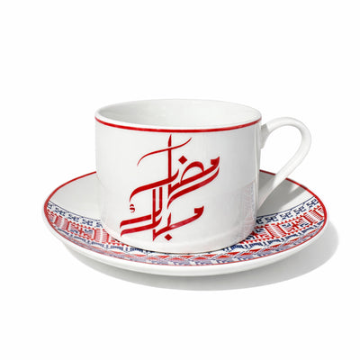 LUHPAR M19263/ZBA6/D25110 Ceramic Tea Cup & Saucer Set – 6-Piece – Red & Blue Arabic Pattern | Siddiq Gifts Mussafah Abu Dhabi