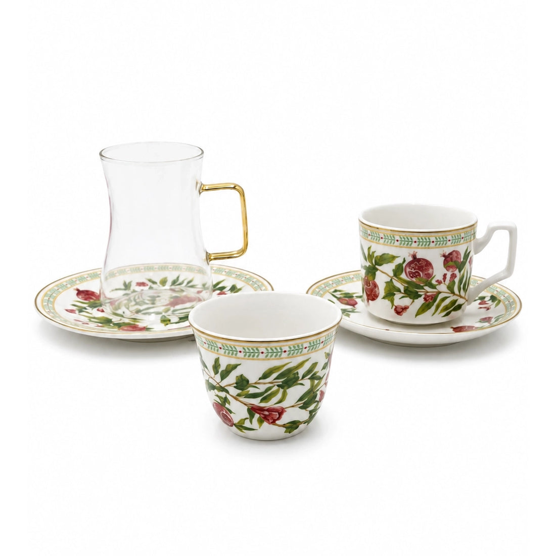 AM-020 Luhpar Tea & Cawa Cup Set  – 30-Piece – Pomegranate & Floral Real Gold Decal Design