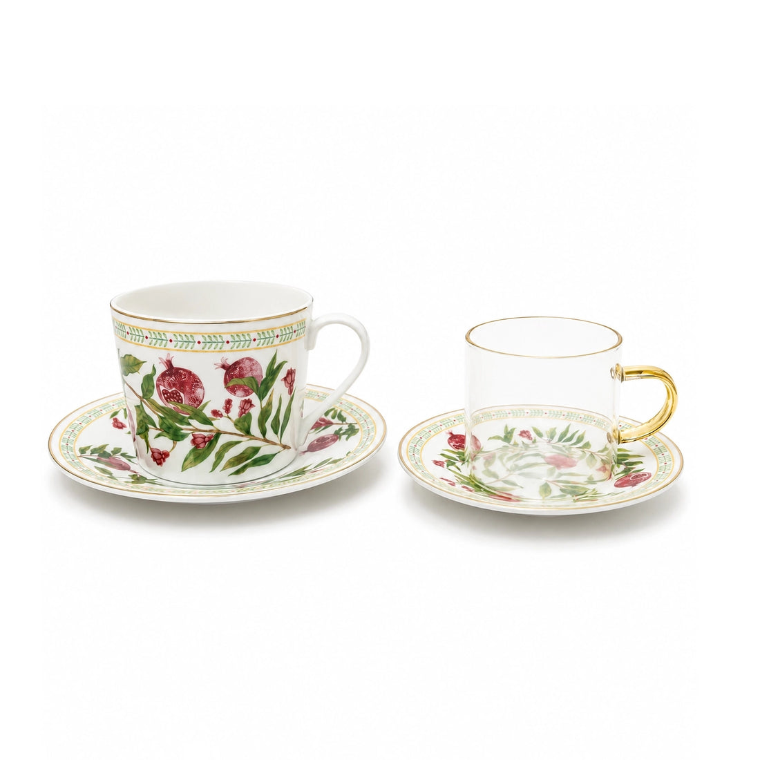 AM-021 Luhpar Porcelain Tea Cup & Saucer Set  – 24-Piece – Pomegranate & Floral Real Gold Decal Design