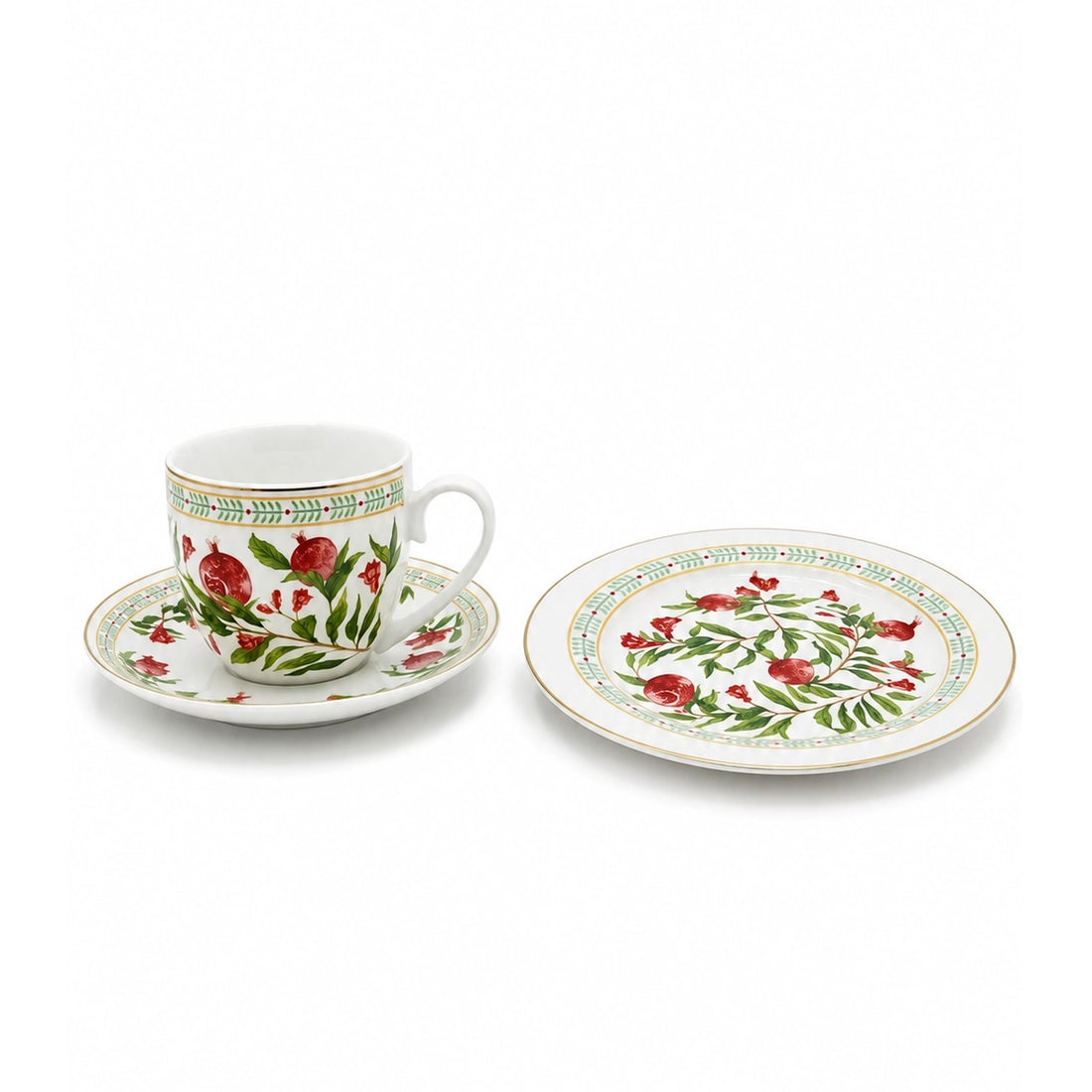 AM-018 Luhpar Porcelain Tea Set with Side Plates – 18-Piece – Pomegranate & Floral Real Gold Decal Design