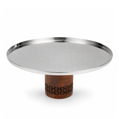 Luhpar Stainless Steel Cake Stand Large 30 x 16 cm Silver with Brown Wooden Pedestal Base Siddiq Gifts