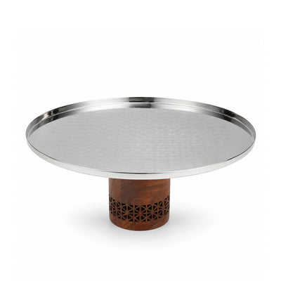 Luhpar Stainless Steel Cake Stand Medium 26 x 14 cm Silver with Brown Wooden Pedestal Base Siddiq Gifts