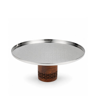 Luhpar Stainless Steel Cake Stand Small 20 x 12 cm Silver with Brown Wooden Pedestal Base Siddiq Gifts