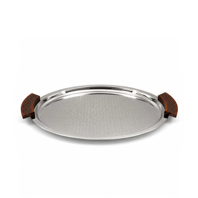 Luhpar Stainless Steel Oval Serving Tray Small 50 x 24 cm Silver with Brown Wooden Handles Siddiq Gifts