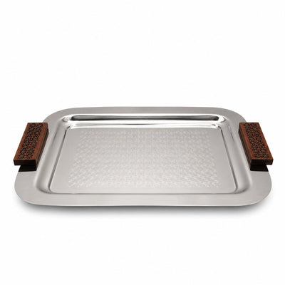 Luhpar Stainless Steel Rectangular Serving Tray Large 42 x 33 cm Silver with Brown Wooden Handles Siddiq Gifts