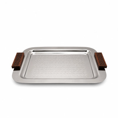 Luhpar Stainless Steel Rectangular Serving Tray Small 38 x 28 cm Silver with Brown Wooden Handles Siddiq Gifts
