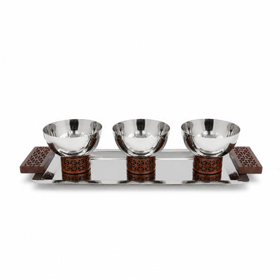Luhpar Stainless Steel Serving Tray with 3 Bowls 33 × 13 cm Silver with Brown Wooden Handles Siddiq Gifts