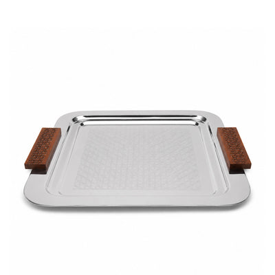 Luhpar Stainless Steel Square Serving Tray Large 37 x 37 cm Silver with Brown Wooden Handles Siddiq Gifts