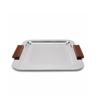 Luhpar Stainless Steel Square Serving Tray Small 29 x 29 cm Silver with Brown Wooden Handles Siddiq Gifts