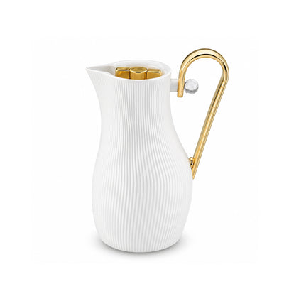 LUMI Vacuum Flask 1L White and Gold Ribbed Modern Design Thermal Flask for Hot and Cold Drinks by Siddiq Gifts