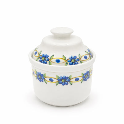 M19311 D24130A Sugar Pot With Lid White Finish With Blue Floral Design From Siddiq Gift Shop