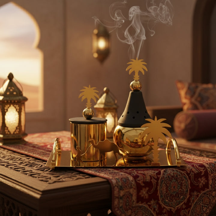 Decorative incense burner with palm tree design on a table with lanterns and cushions.