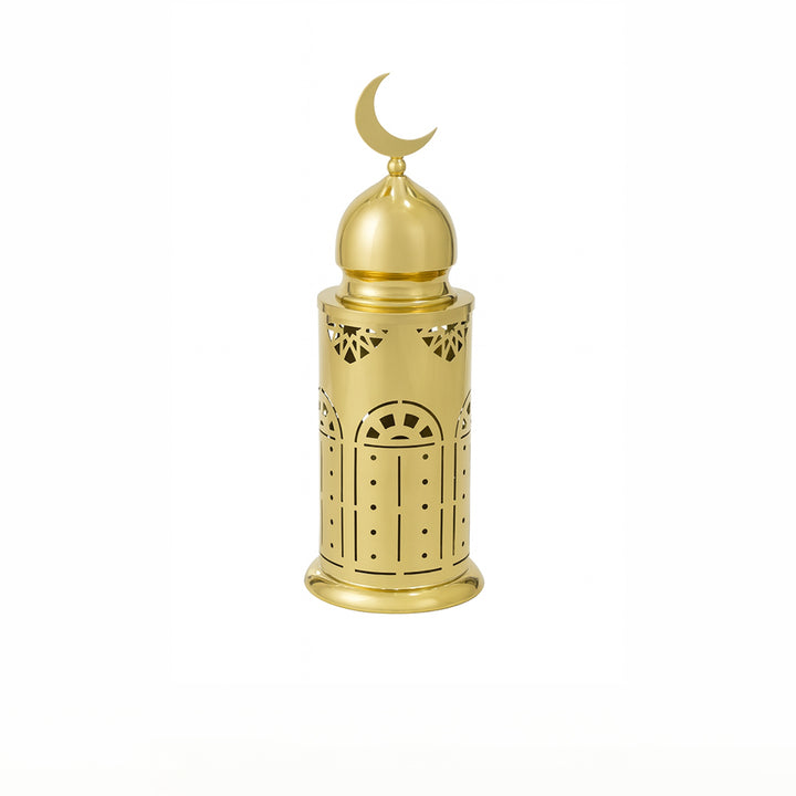 Gold decorative lantern with a crescent moon on a white background