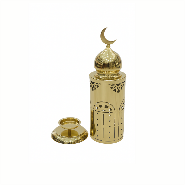 Gold-colored lantern with a crescent moon design on a white background