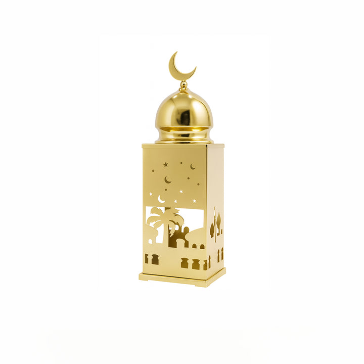 Gold decorative lantern with moon design on a white background
