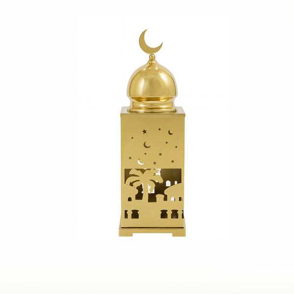 Gold decorative lantern with crescent moon on a white background