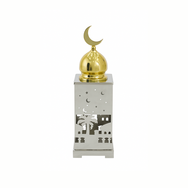 Decorative lantern with gold dome and moon symbol on a white background