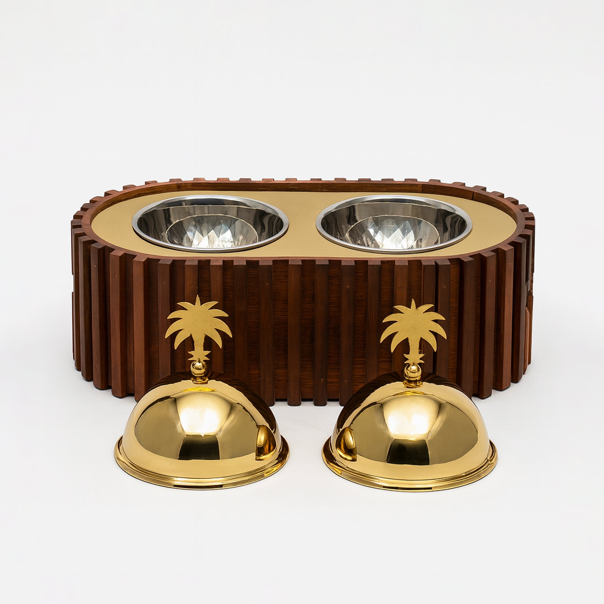 Dog bowl set with gold accents on a white background