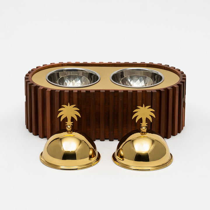 Dog bowl set with gold accents on a white background