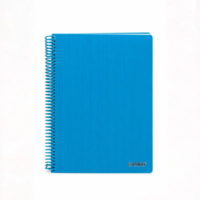 A bright blue spiral notebook with a textured cover and a silver metal coil binding, shown on a plain white background. The brand name 's.