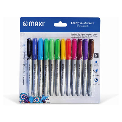 Maxi Creative Permanent Markers Fine Bullet Tip 12-Piece Assorted Colour Set by Siddiq Gifts