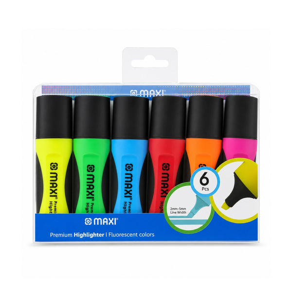Maxi Premium Fluorescent Highlighters 2–5 mm Chisel Tip 6-Piece Assorted Colour Set Siddiq Gifts