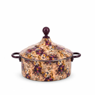 A lidded round casserole or stockpot with dark brown handles and a matching lid, featuring a marbled pattern of beige, brown, and purple tones. The pot is photographed on a clean white background.