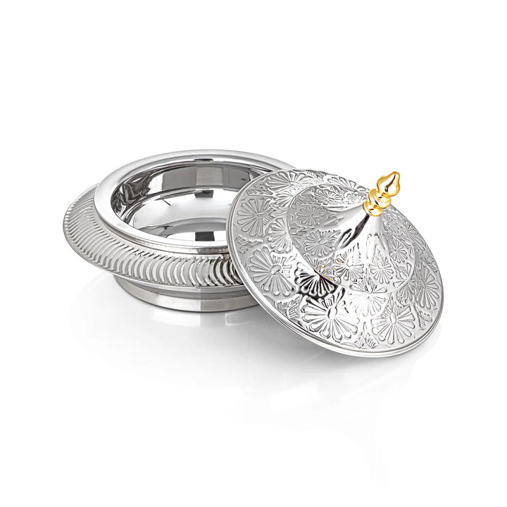 Silver decorative box with a lid on a white background