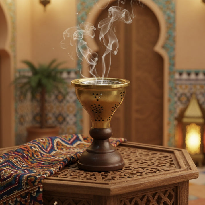 Incense burner with smoke on a decorative table in a culturally rich setting