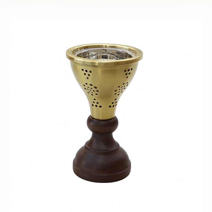 Decorative candle holder with brass top and wooden base on a white background