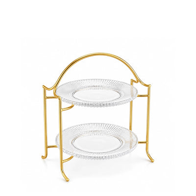 Meera Stainless Steel 2 Layer Cake Stand 25 X 28 CM Glass Plates With Gold Finish Frame Siddiq Gifts