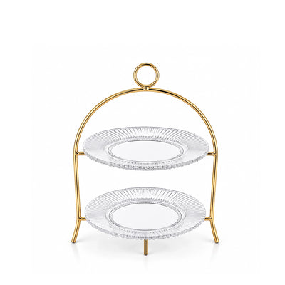 Meera Stainless Steel 2 Layer Cake Stand 38 X 27 CM Glass Plates With Gold Frame Siddiq Gifts