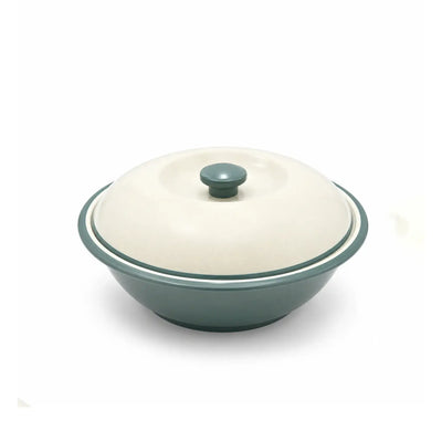 Elegant 25.4 cm melamine bowl with a matching lid in green and cream, ideal for stylish food serving and everyday dining at Siddiq Gifts.