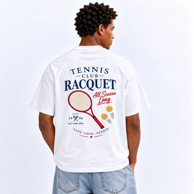 Men’s Cotton Racquet Tennis Graphic T-Shirt In White With A Stylish Tennis Racquet Design, Short Sleeves, Crew Neck, And Comfortable Regular Fit At Siddiq Gifts.