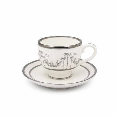 Milk Cup and Saucer Set 12 Pieces Silver Finish with Elegant Palm Tree Design by Siddiq Gifts