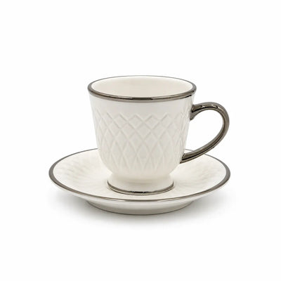 Milk Cup and Saucer Set 12 Pieces White Embossed Design with Silver Finish by Siddiq Gifts