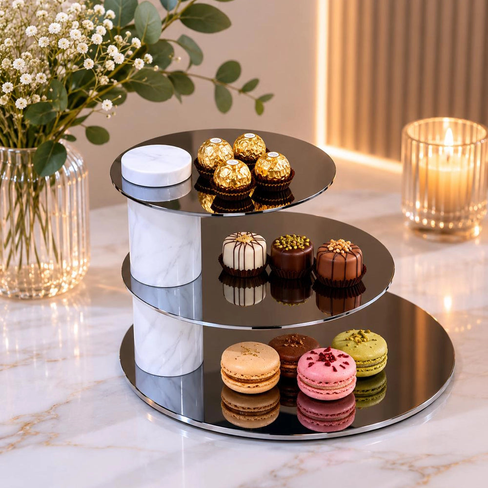 Modern 3-Tier Cake Stand 25 CM Marble Base with Black Display Trays Siddiq Gifts