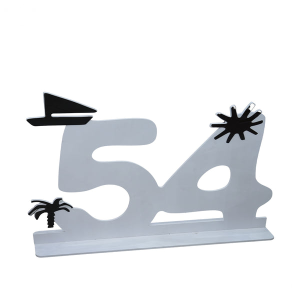 Decorative number '54' with black symbols on a white background