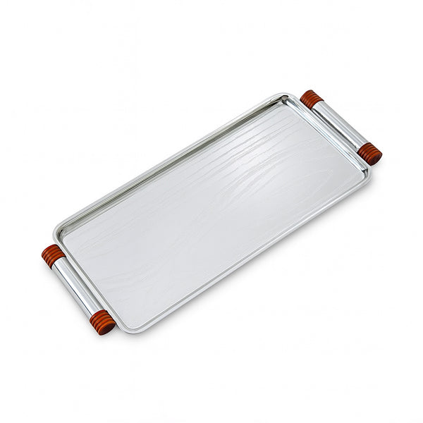 Rectangular glass tray with wooden handles on a white background