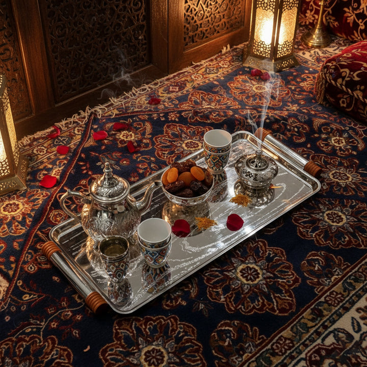 Silver tea set on a decorative tray with rose petals on an ornate rug.