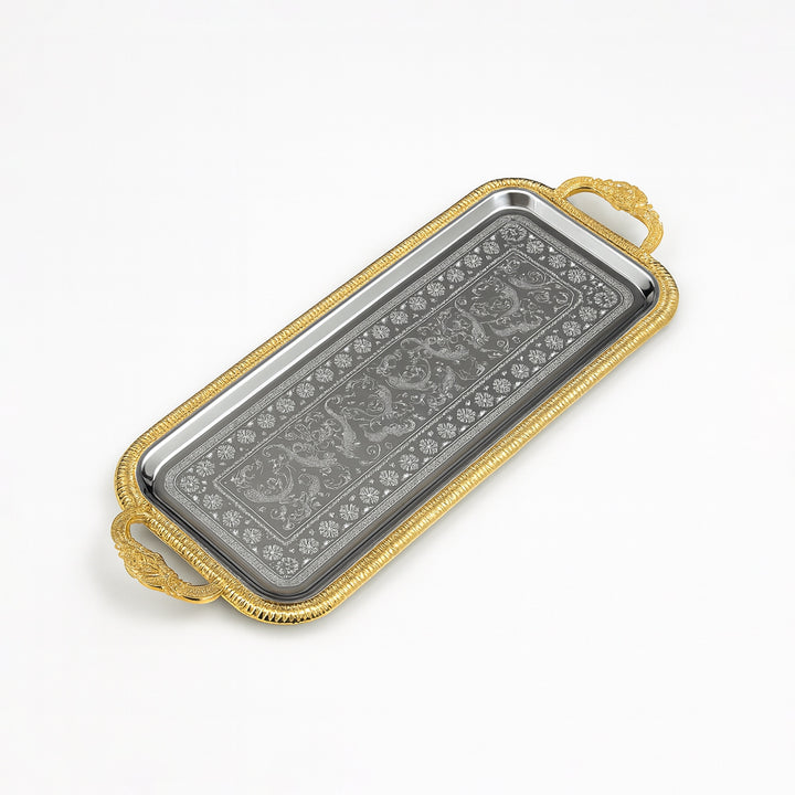 Decorative tray with gold rim and intricate design on a white background