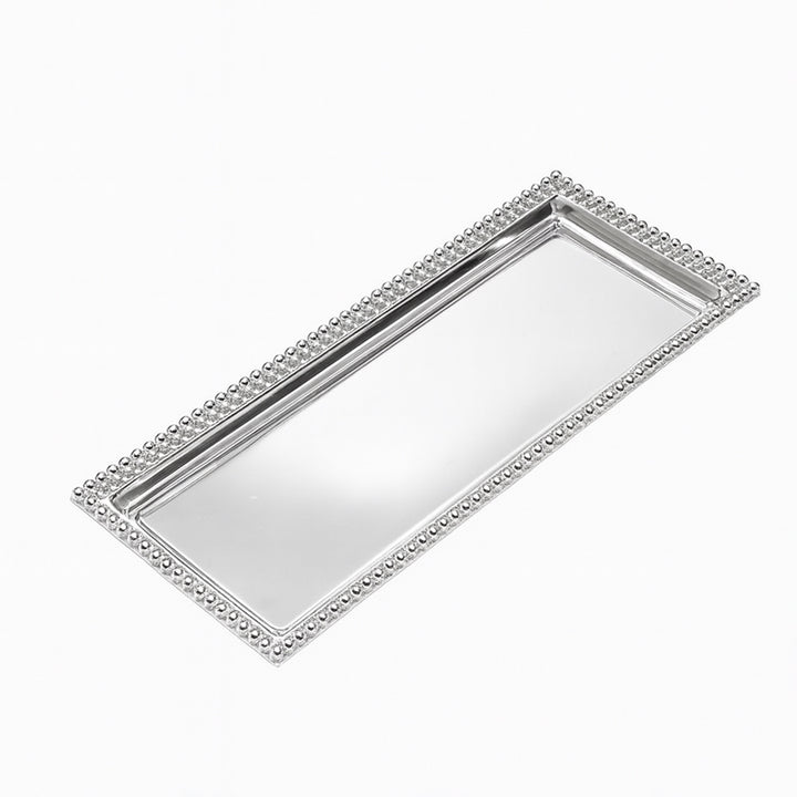 Silver rectangular tray with decorative edge on a white background