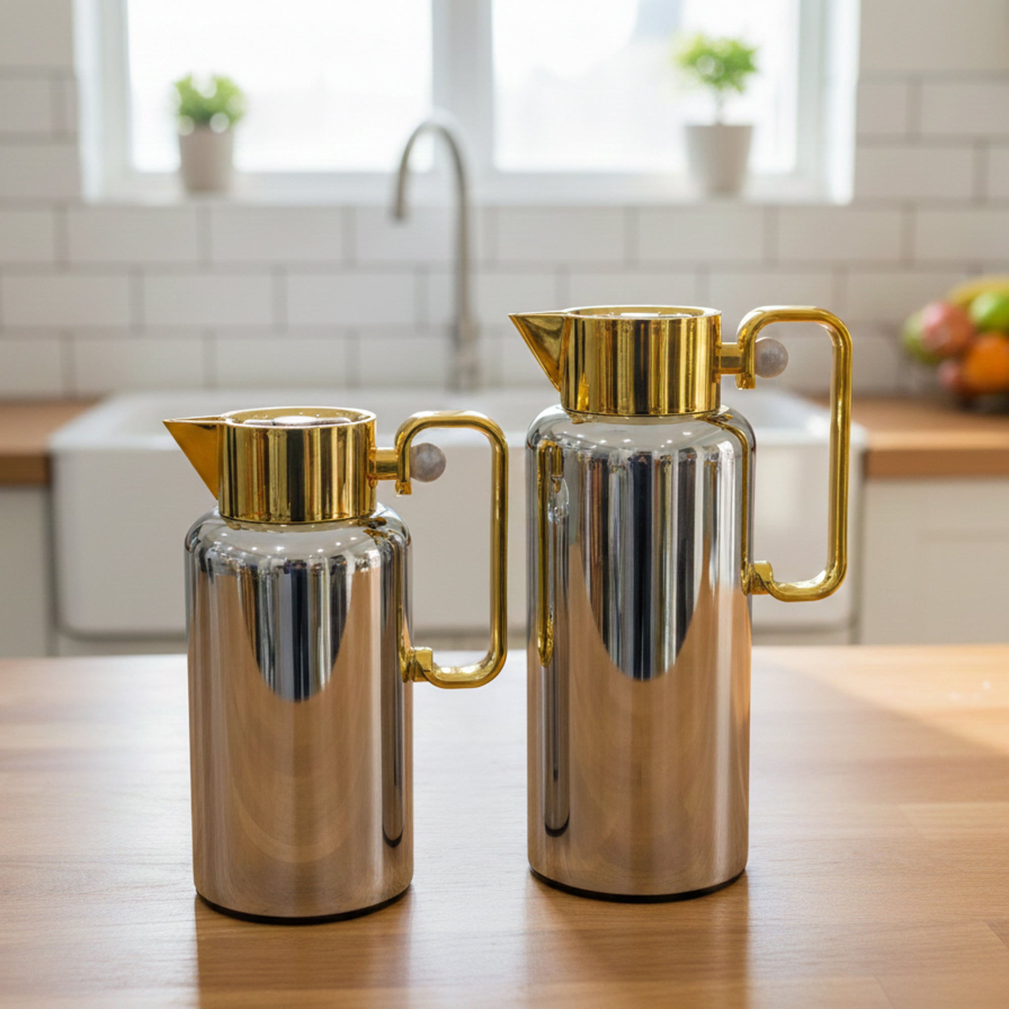 NB6001B Vacuum Flask Set – 2 Pieces (0.8L & 1.0L) – Silver with Gold Top and Handle | Siddiq Gifts – Mussafah Abu Dhabi