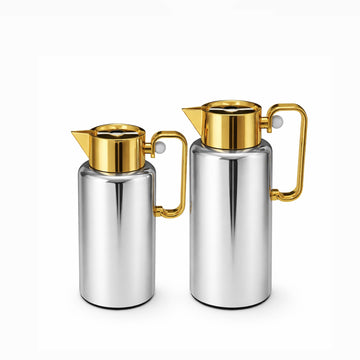 NB6001B Vacuum Flask Set – 2 Pieces (0.8L & 1.0L) – Silver with Gold Top and Handle | Siddiq Gifts – Mussafah Abu Dhabi