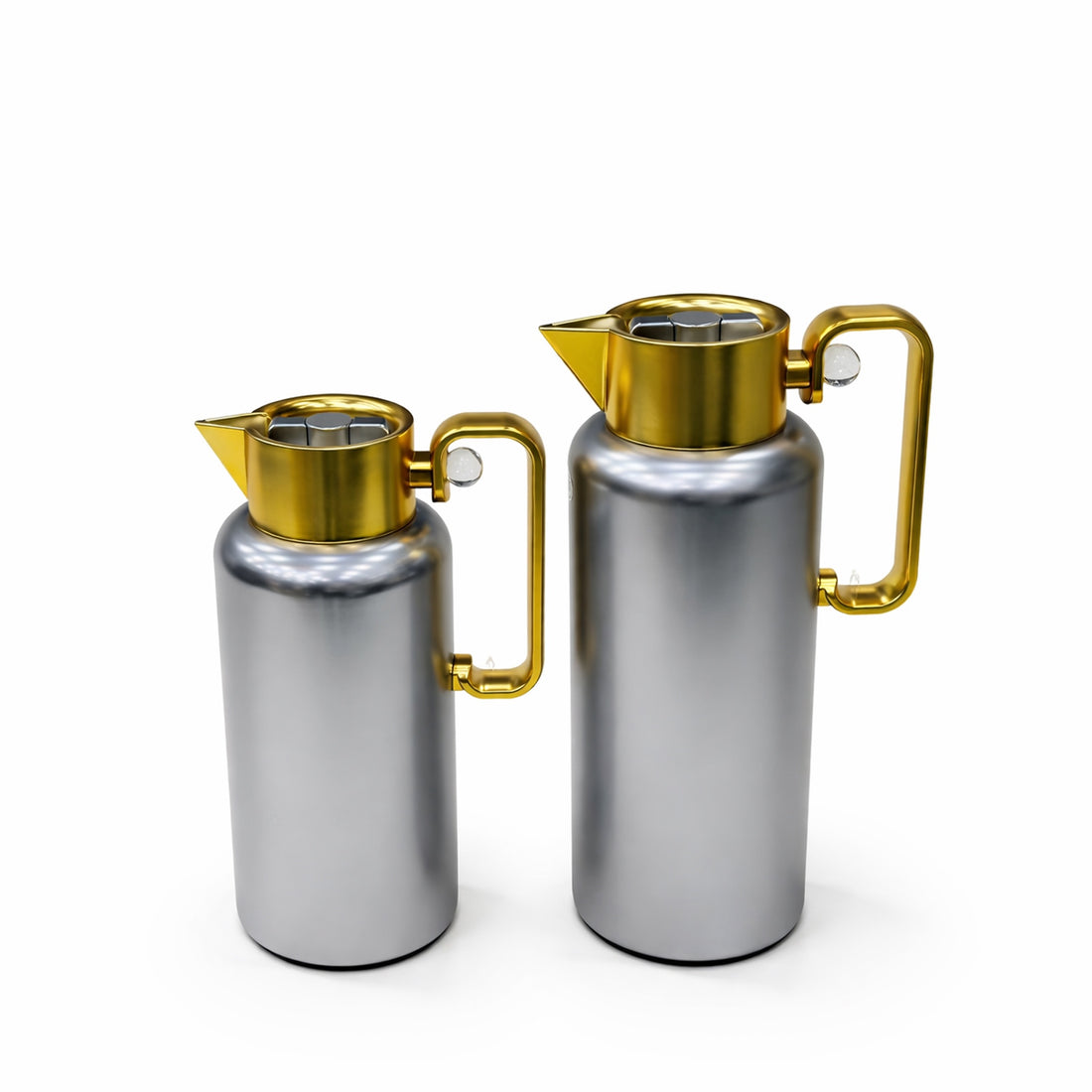 NB6001E Vacuum Flask Set – 2 Pieces (0.8 L & 1.0 L) – Matt Silver with Gold Top and Handle