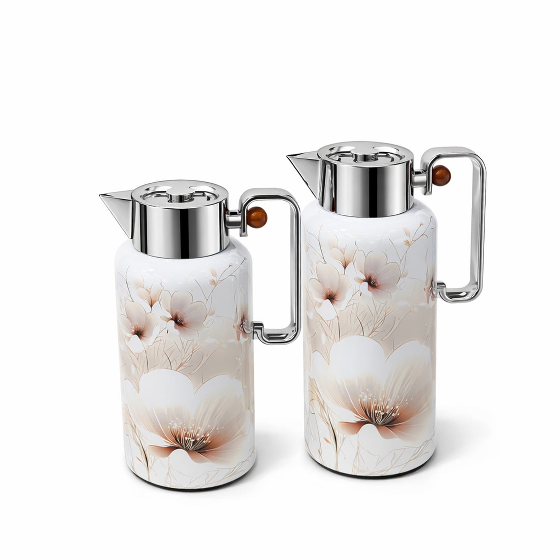 NB6002B Vacuum Flask Set – 2 Pieces (0.8L & 1.0L) – Soft Floral Print Body with Silver Top and Handle
