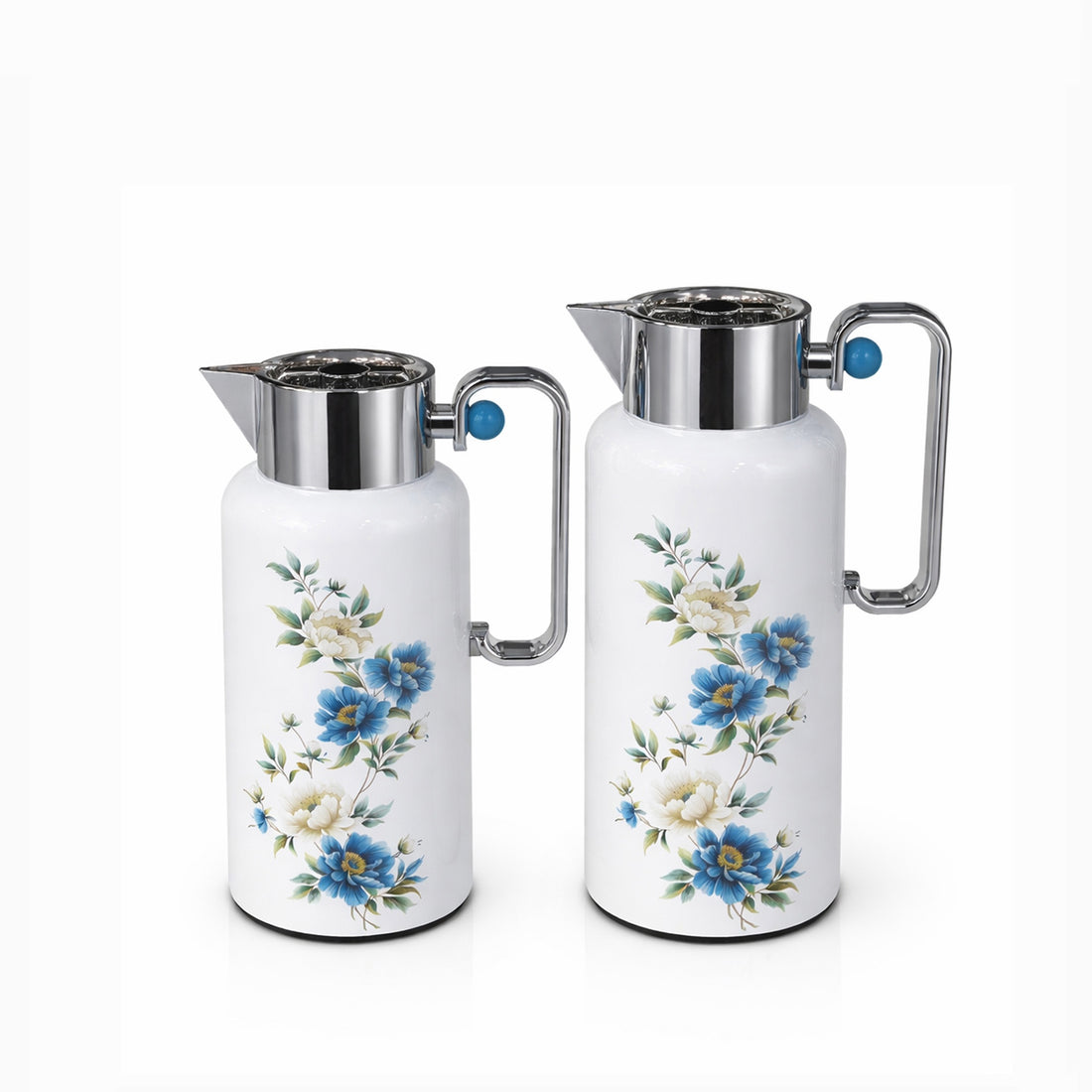 NB6002D Vacuum Flask Set – 2 Pieces (0.8L & 1.0L) – Blue Floral Print Body with Silver Top and Handle