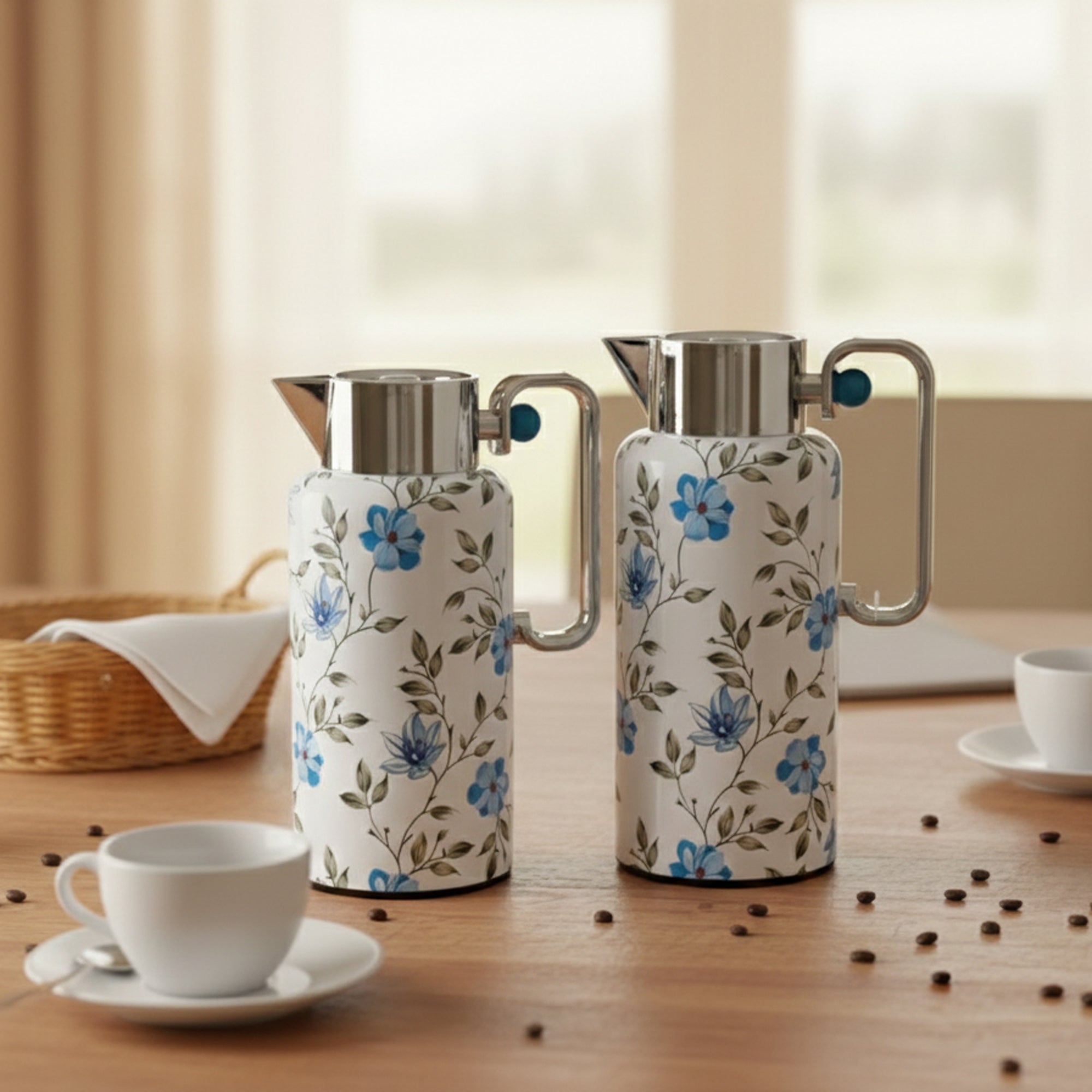 NB6002F Vacuum Flask Set – 2 Pieces (0.8L & 1.0L) – Blue Floral Print Body with Silver Top and Handle | Siddiq Gifts – Mussafah Abu Dhabi