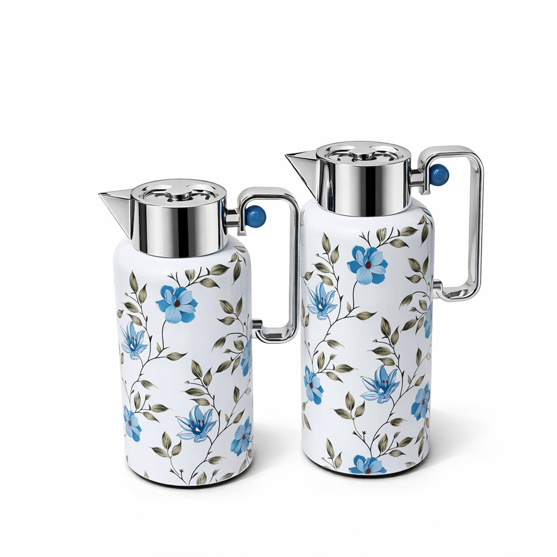 NB6002F Vacuum Flask Set – 2 Pieces (0.8L & 1.0L) – Blue Floral Print Body with Silver Top and Handle
