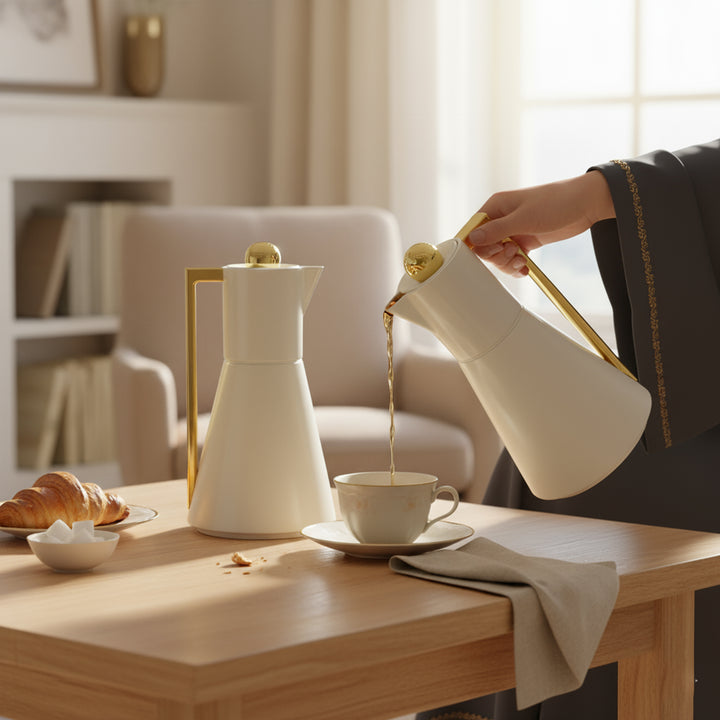 Person pouring coffee from a white and gold coffee pot into a cup on a wooden table.